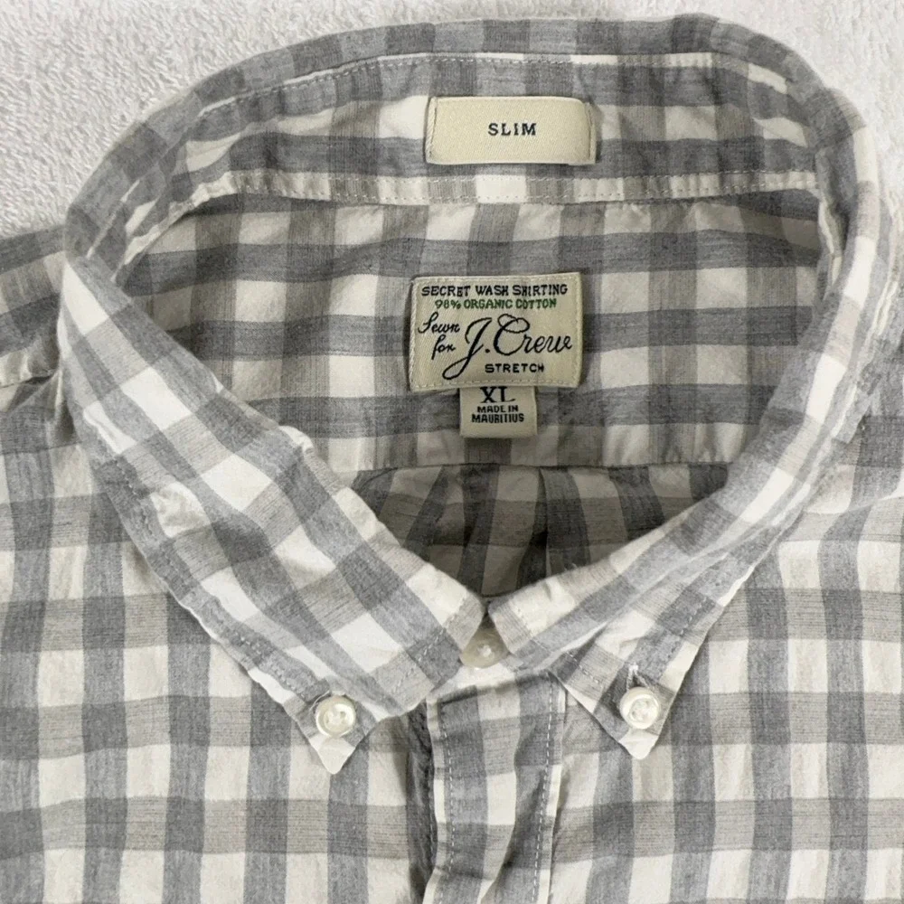 J.Crew Stretch Button Down Shirt Men's XL‎ Slim Untucked Plaid Gray White Cotton